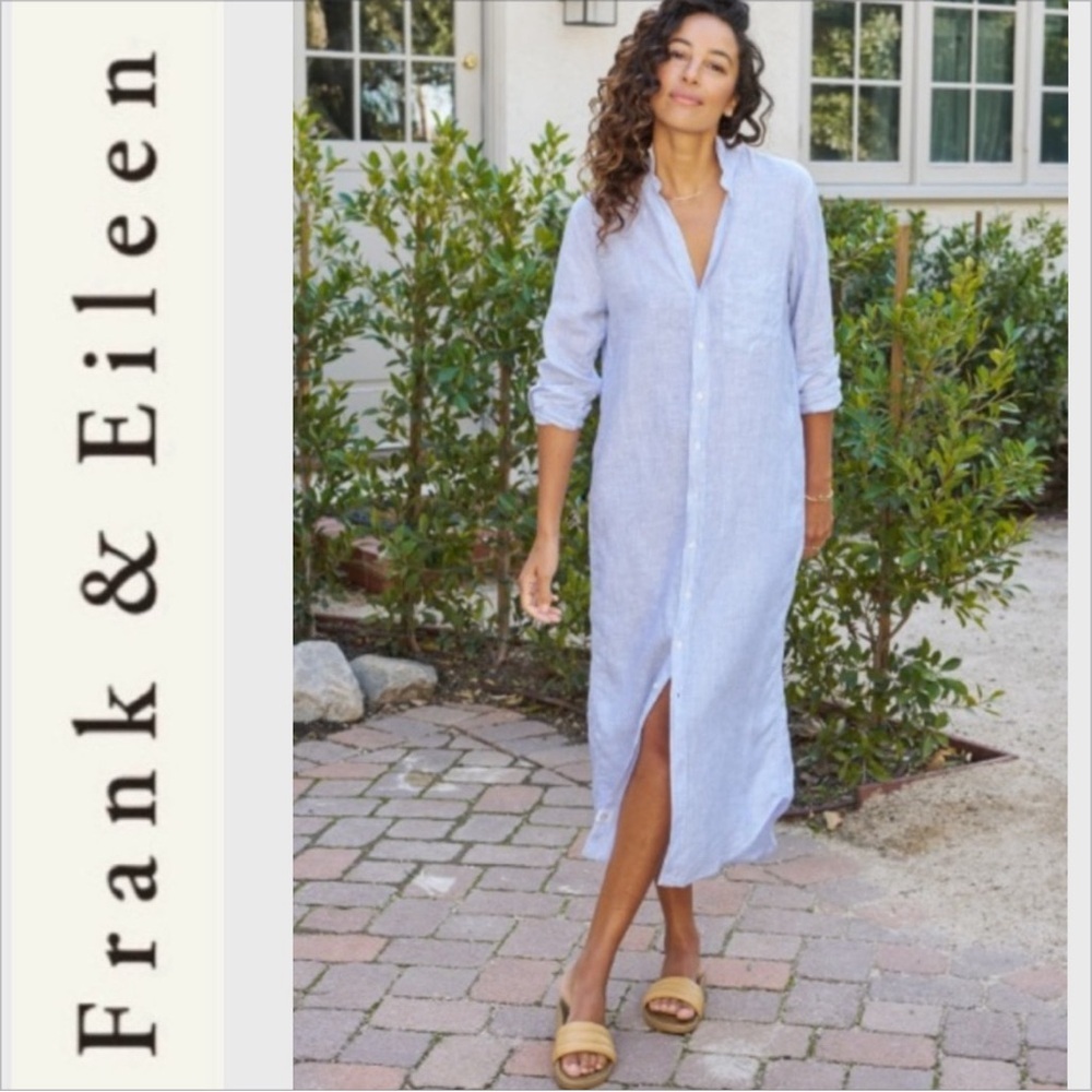 NWOT FRANK & EILEEN Rory Linen Maxi Shirtdress SOFT BLUE M - Picture 2 of 6